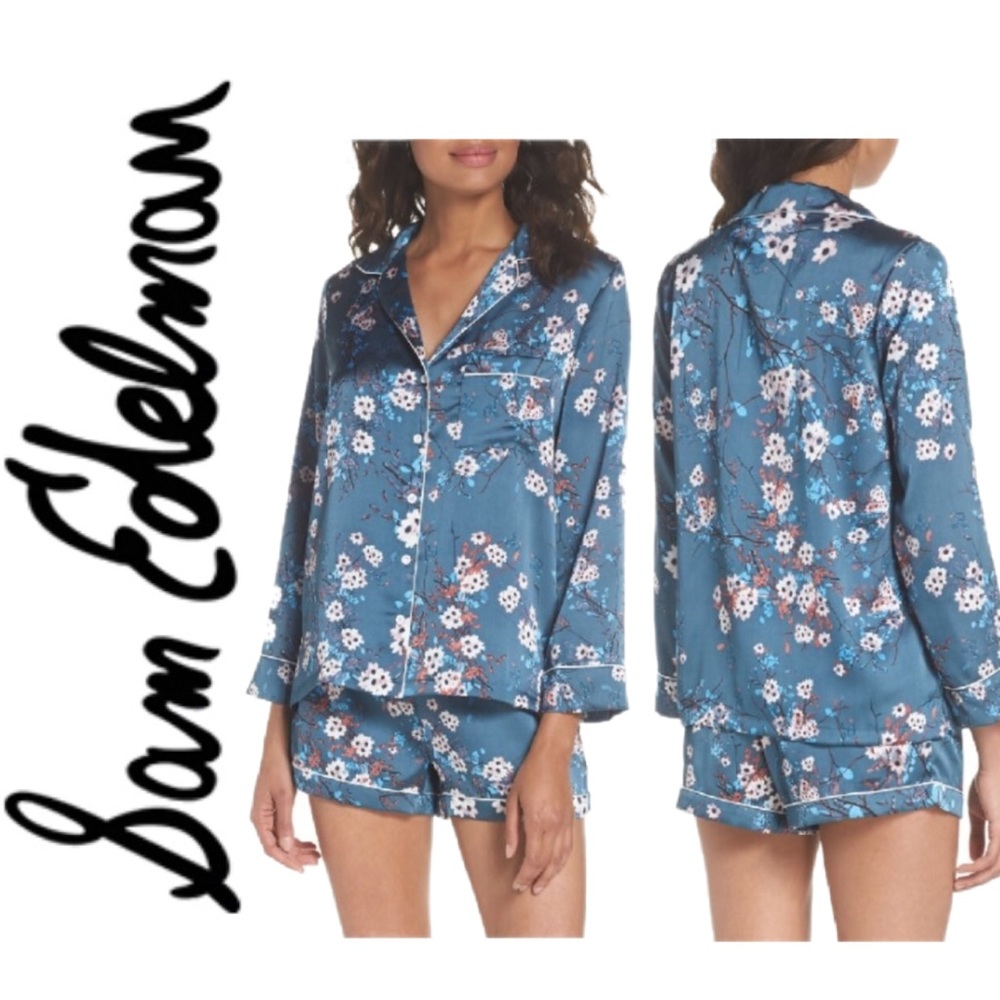 New Sam Edelman Silky Blue Floral Printed Pajamas - Picture 1 of 8